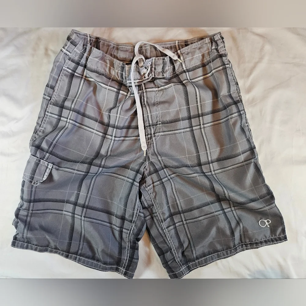 Op Mens Gray And White Ombre Drawstring Tie Waist Swim Trunks Size Medium